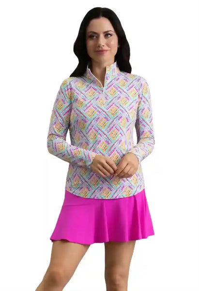 Ibkul Long Sleeve Polo in Nina Hot Pink Multi