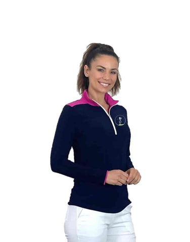 Corsican Long Sleeve Polo in navy/fuchsia with plus+ sizes