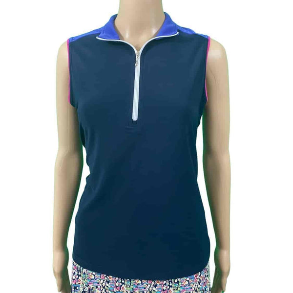 Corsican Sleeveless Polo in Navy/Lilac/Fuchsia - Reduced Further!