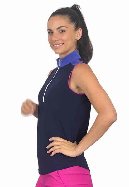 Corsican Sleeveless Polo in Navy/Lilac/Fuchsia - Reduced Further!