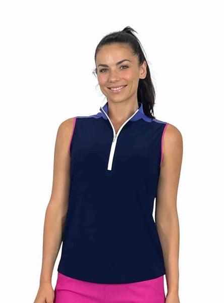 Corsican Sleeveless Polo in Navy/Lilac/Fuchsia - Reduced Further!